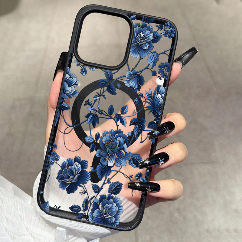 Magnetic Phone Case - 高級ヴィンテージブルーフローラルマグネット式iPhoneケース（iPhone 17、16、15 Pro Max、14 Plus、13、12、11、16 Pro、16E、17E対応）耐衝撃カバー